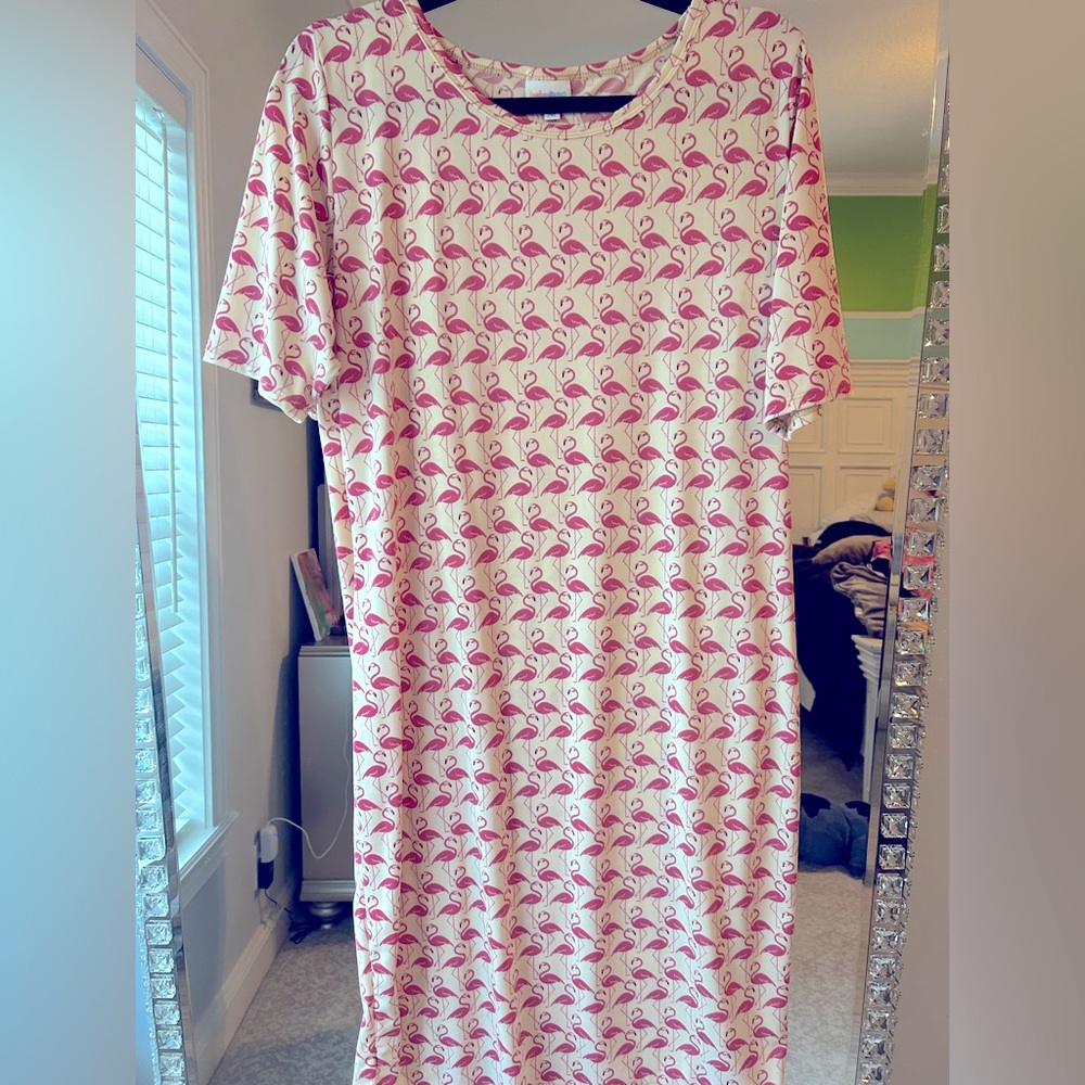 LuLaRoe White Midi Dress with Pink Flamingo Print
